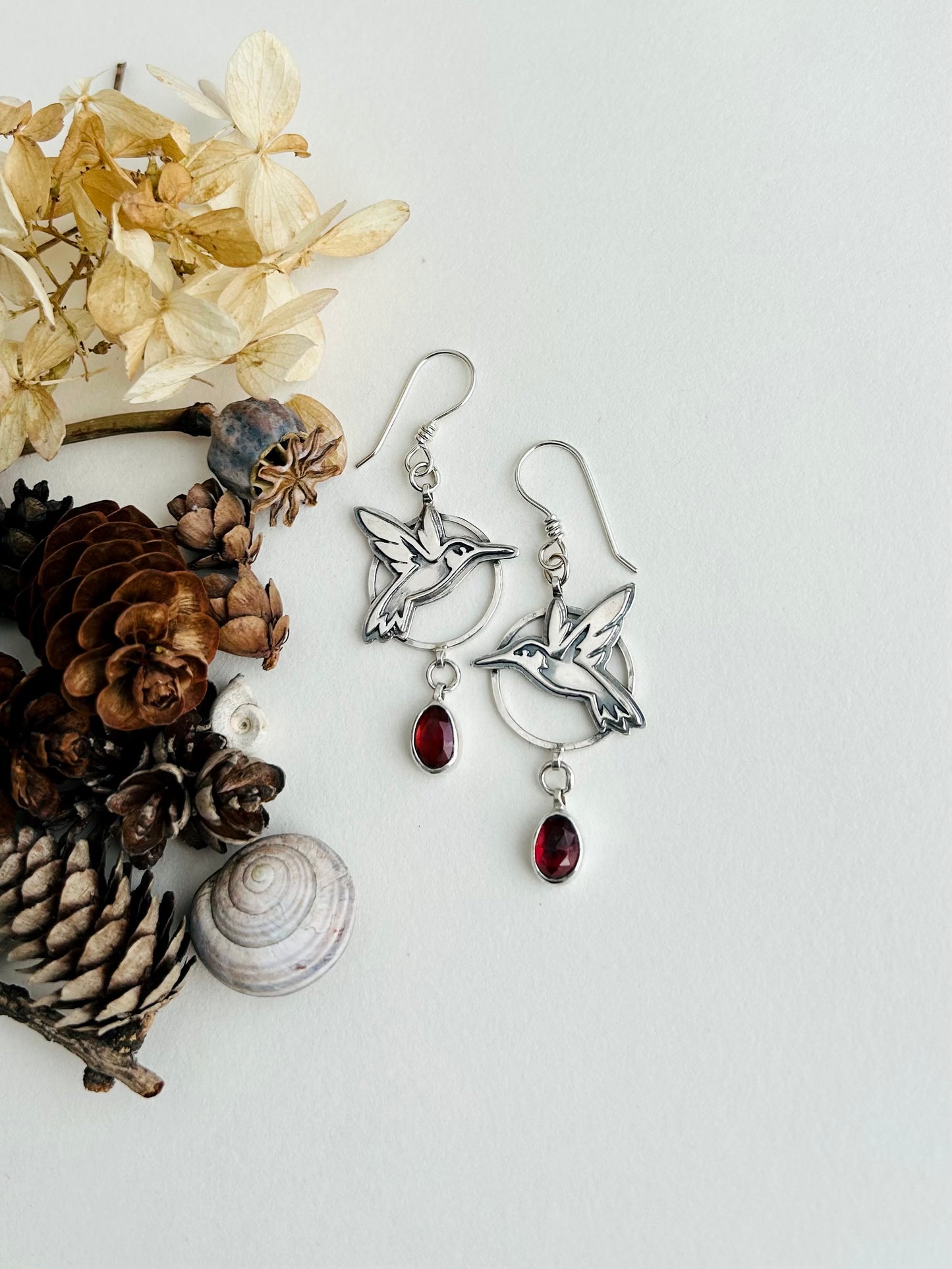 Hummingbird Earrings with Garnets