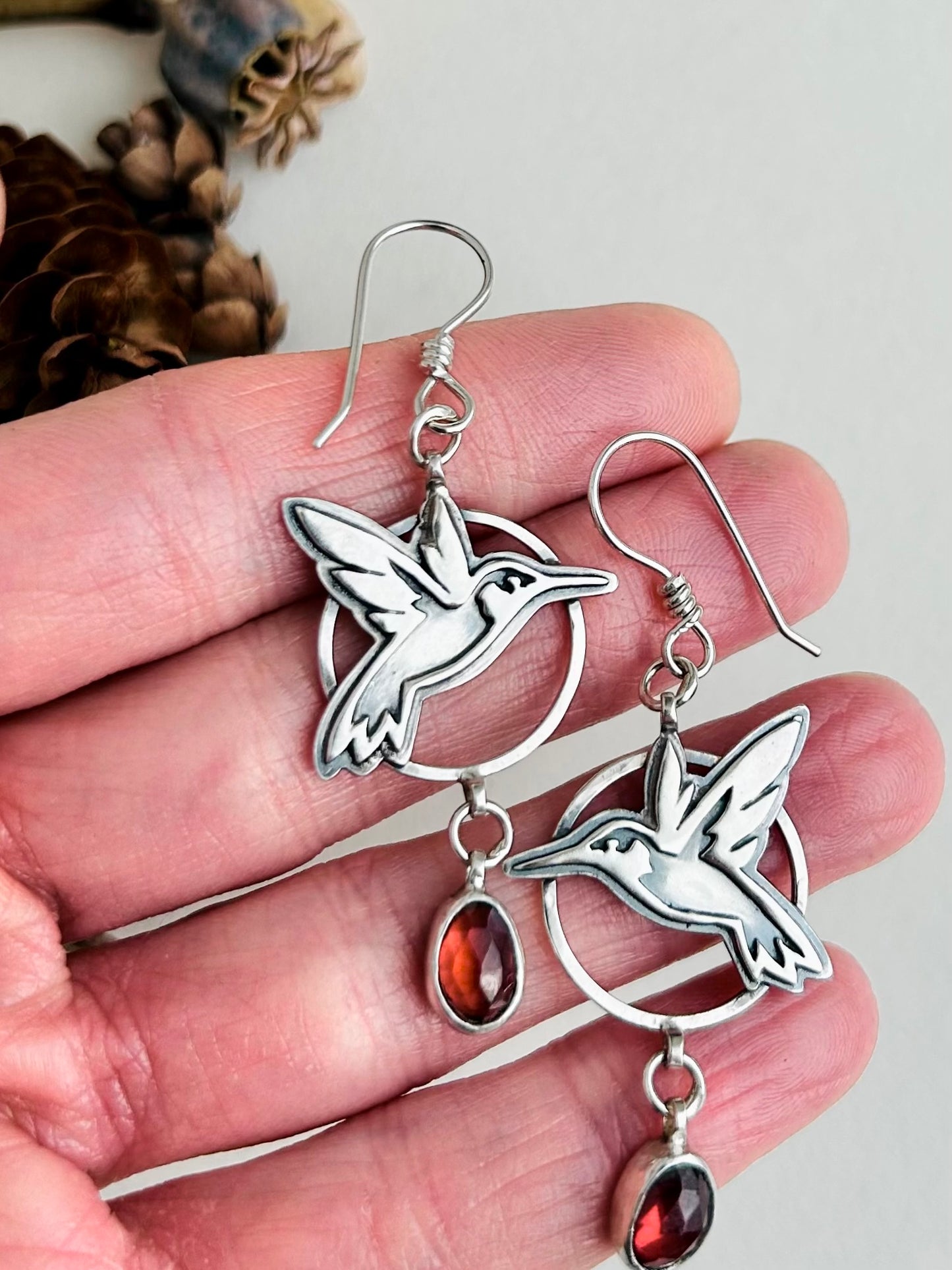 Hummingbird Earrings with Garnets