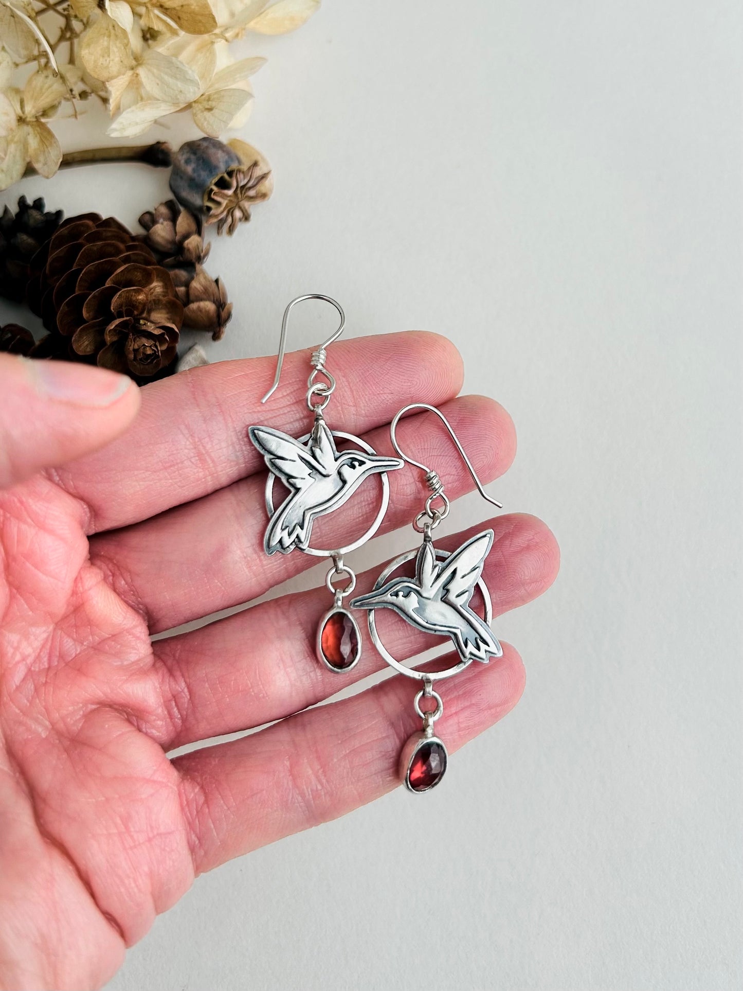 Hummingbird Earrings with Garnets