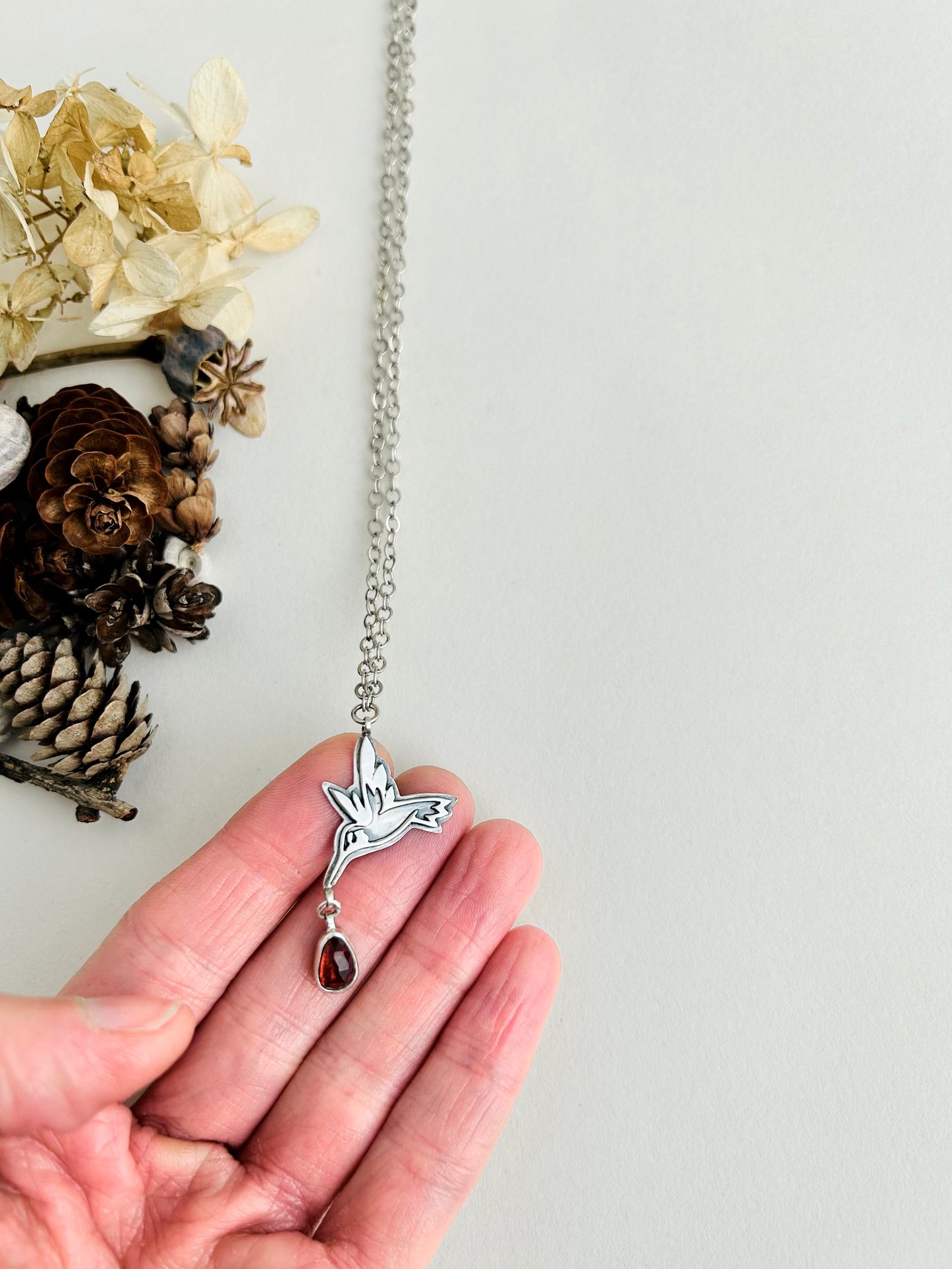 Hummingbird Necklace with Garnet
