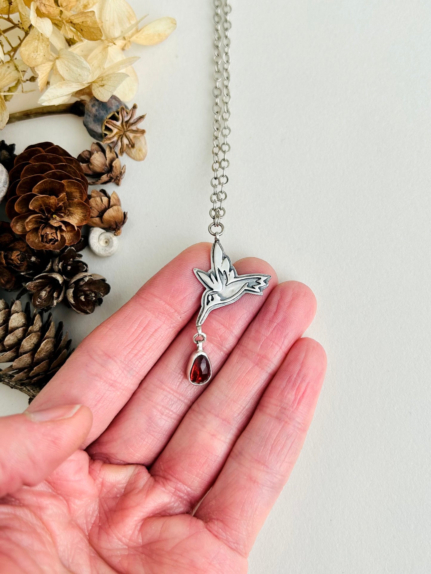 Hummingbird Necklace with Garnet