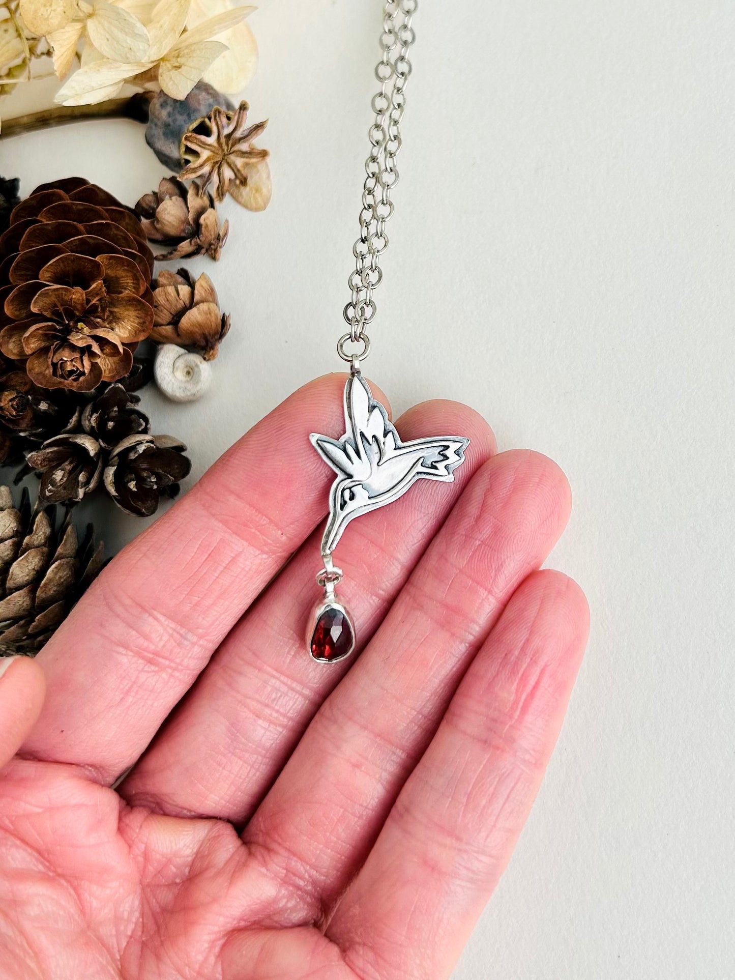Hummingbird Necklace with Garnet