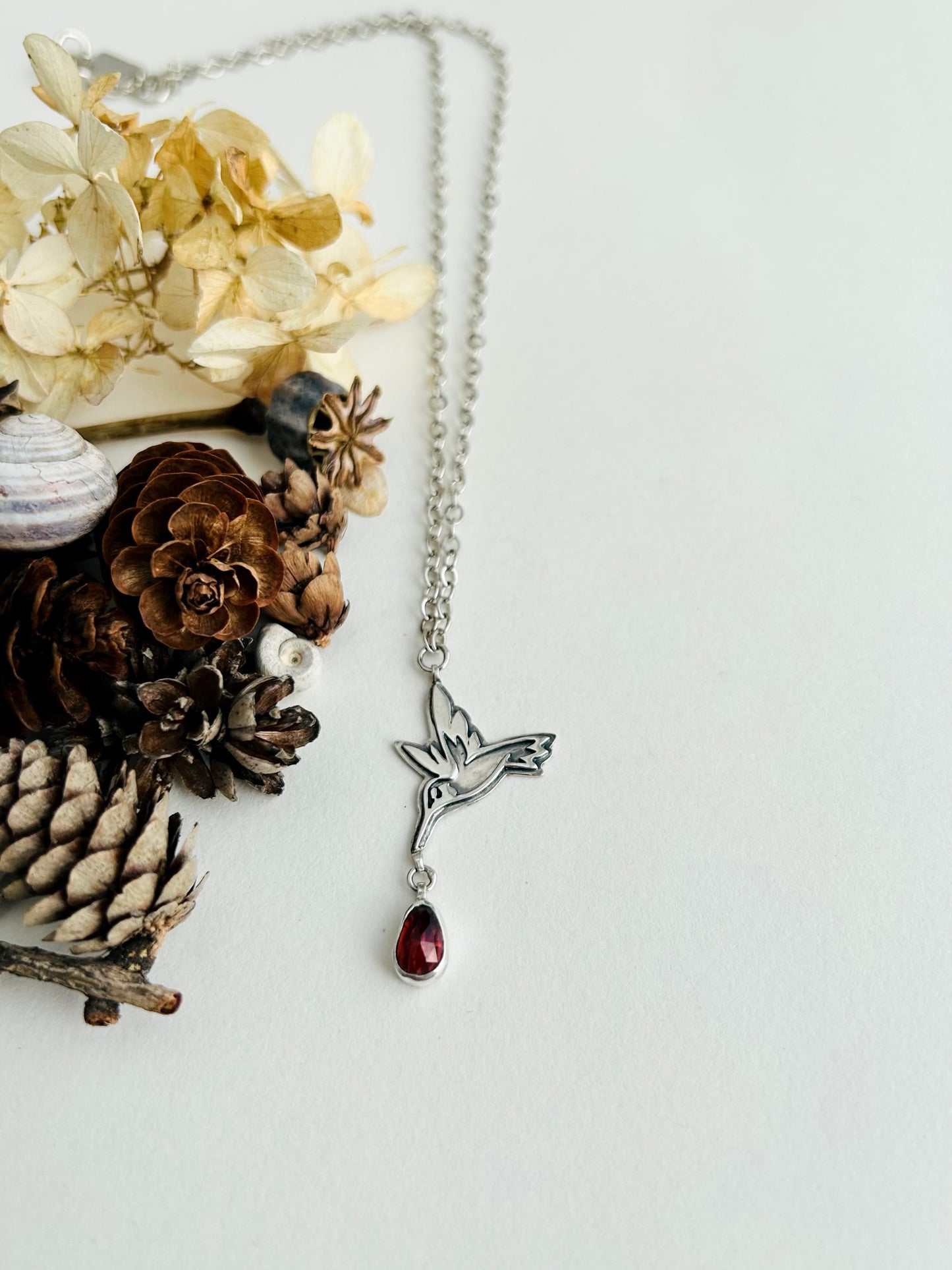 Hummingbird Necklace with Garnet