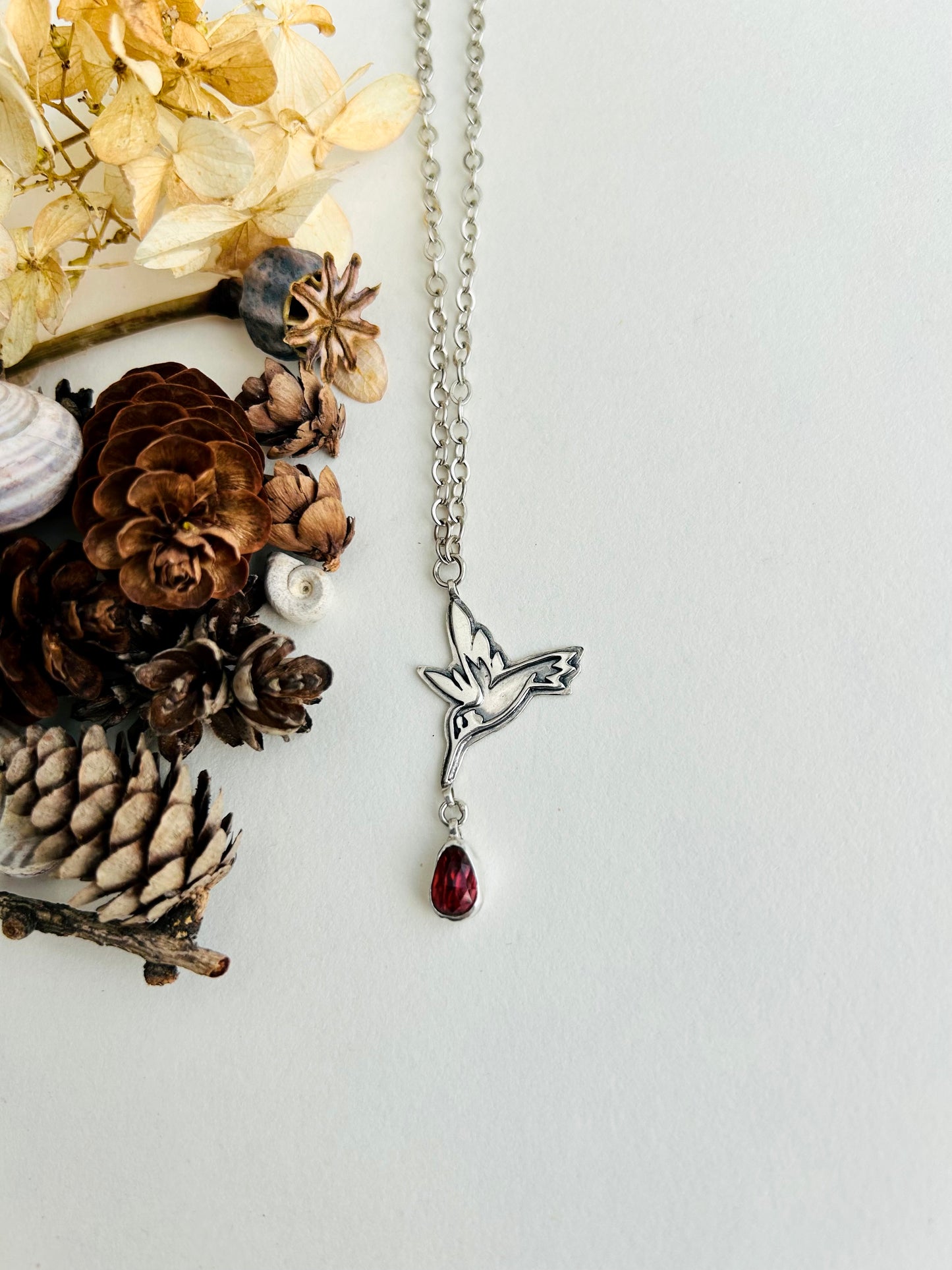 Hummingbird Necklace with Garnet
