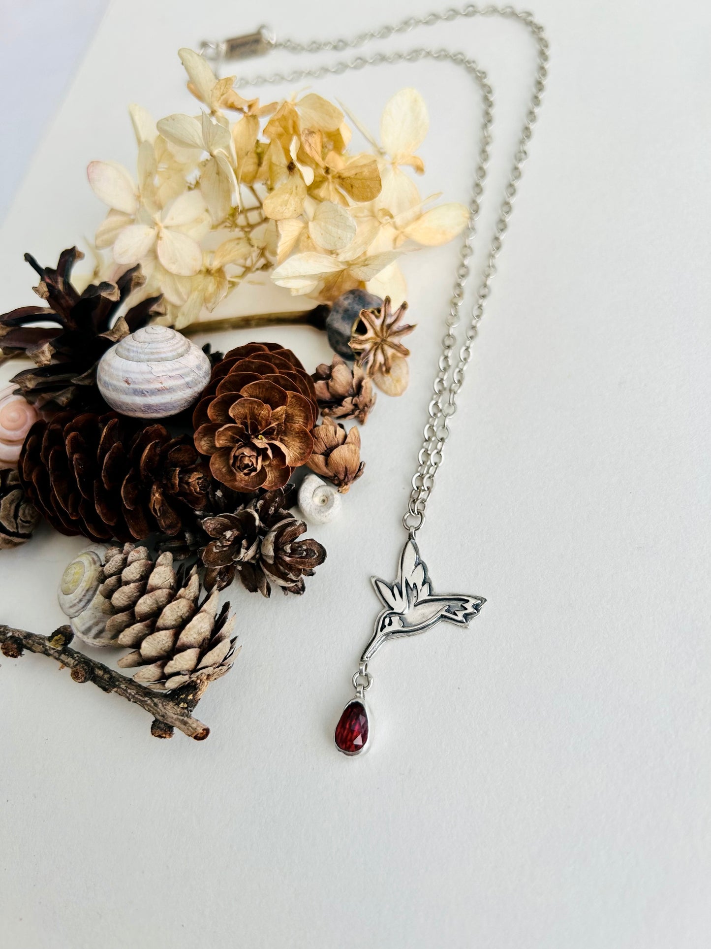 Hummingbird Necklace with Garnet