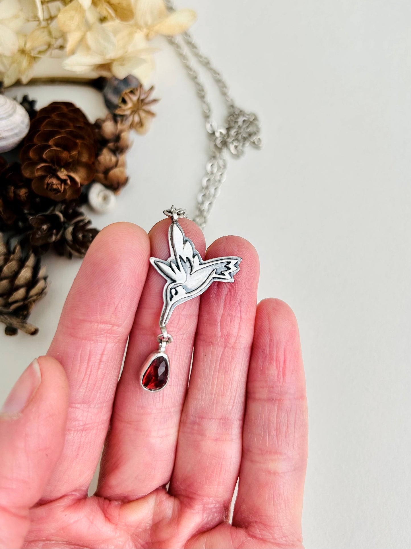 Hummingbird Necklace with Garnet