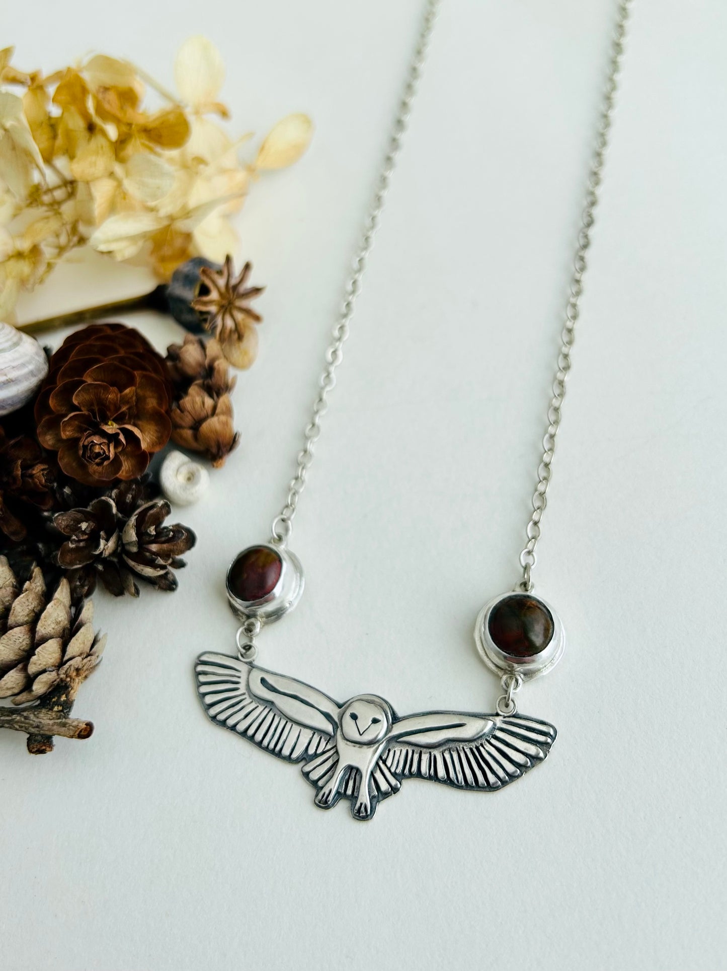 Owl Necklace with Picasso Jasper