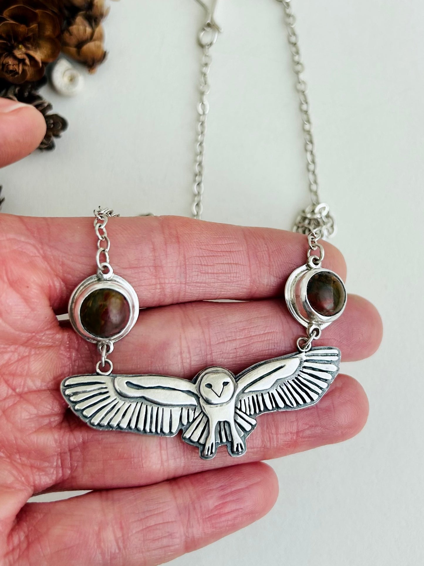 Owl Necklace with Picasso Jasper
