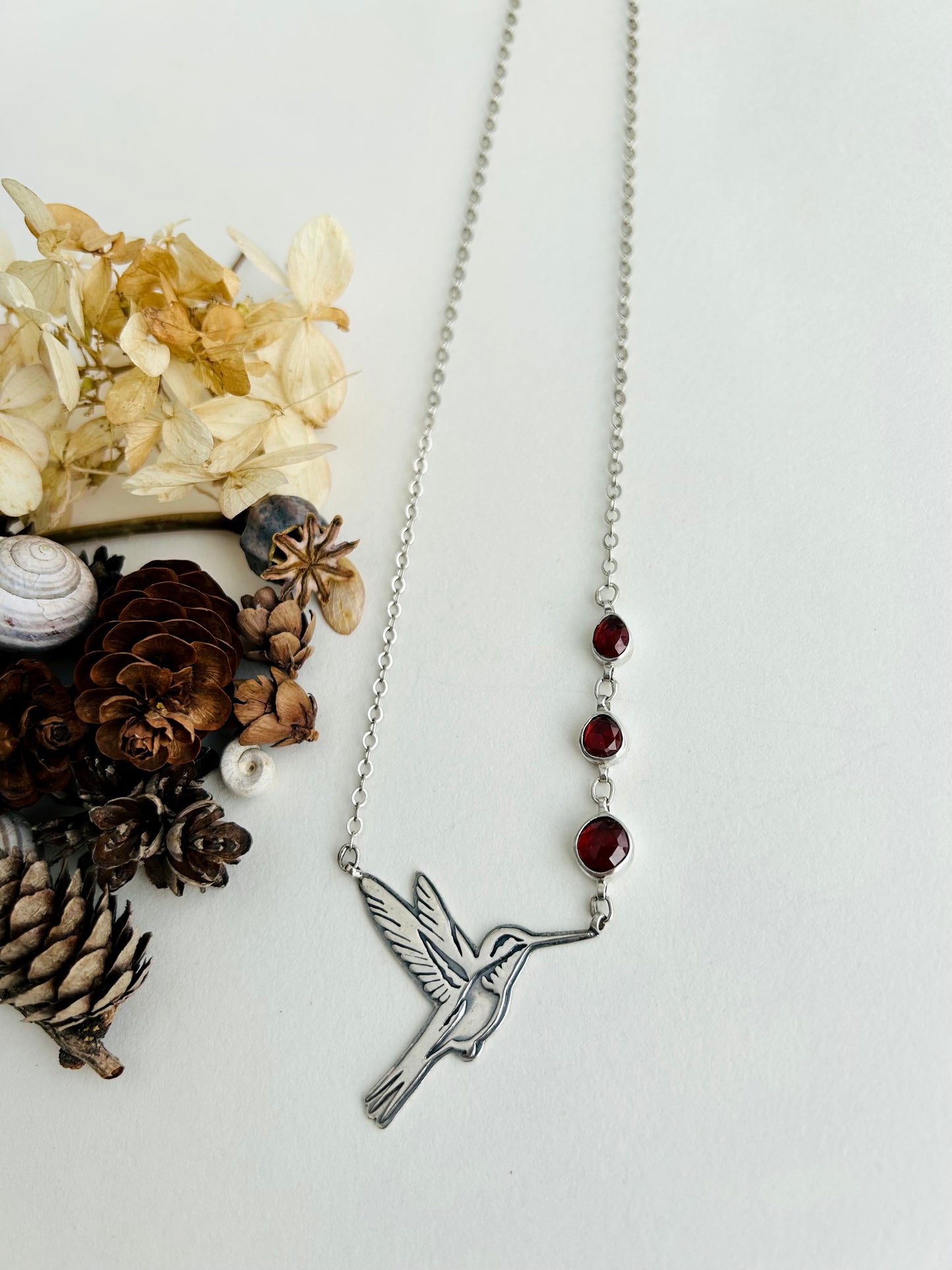 Hummingbird Necklace with Garnets