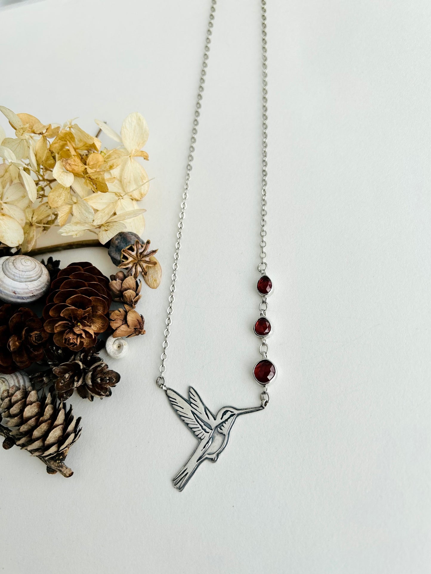 Hummingbird Necklace with Garnets