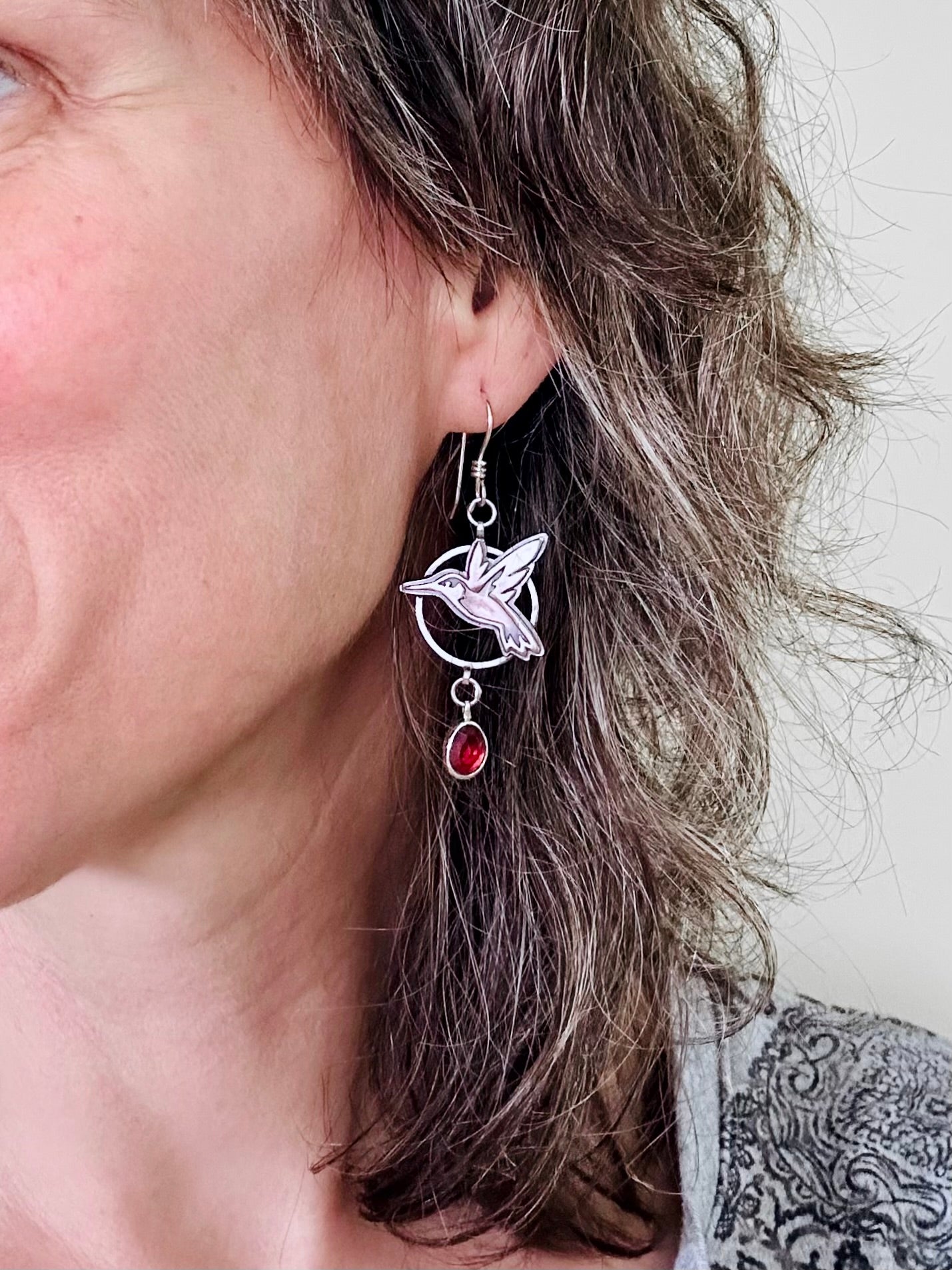 Hummingbird Earrings with Garnets