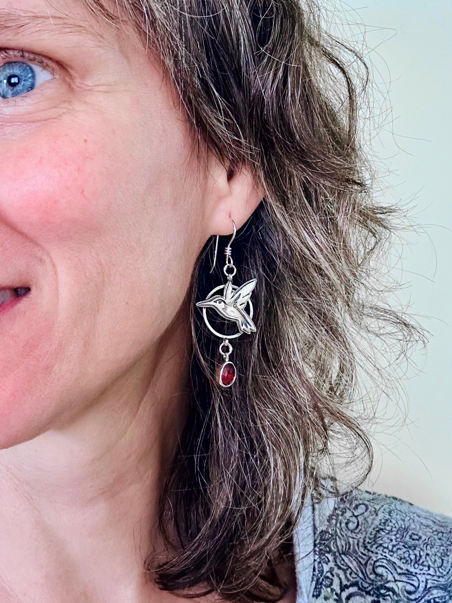 Hummingbird Earrings with Garnets