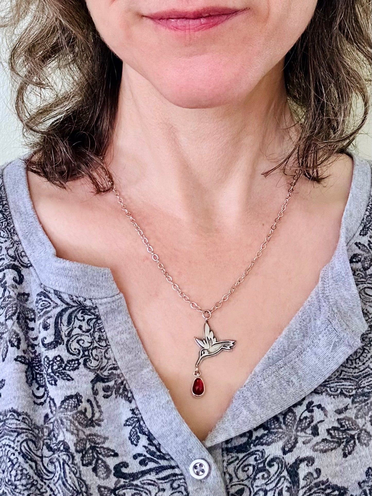 Hummingbird Necklace with Garnet