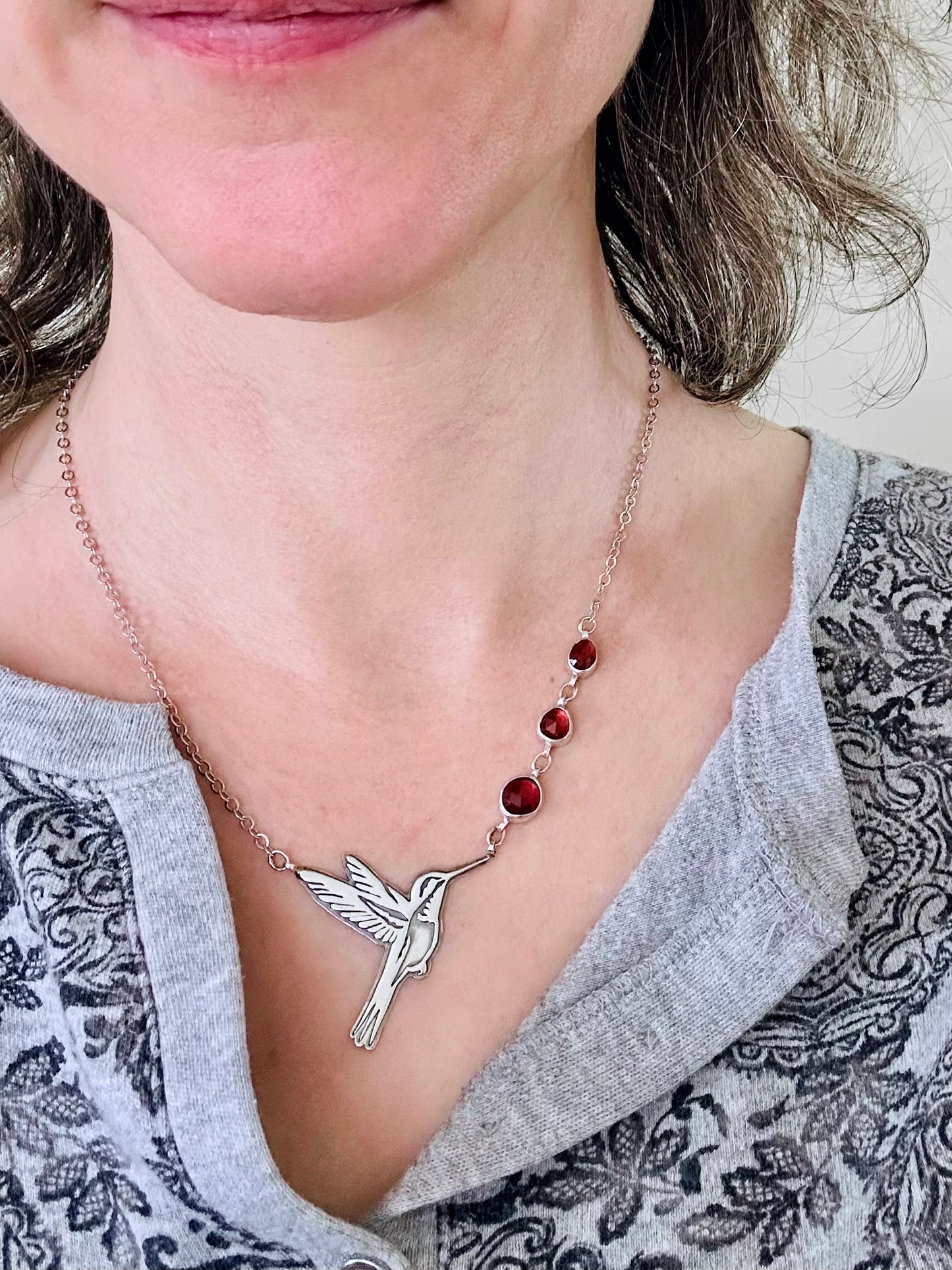 Hummingbird Necklace with Garnets