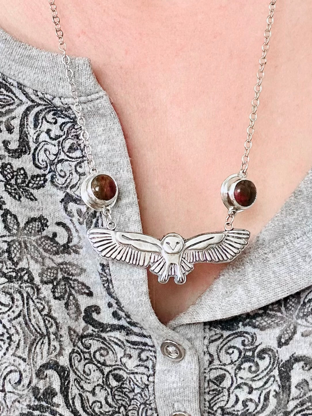 Owl Necklace with Picasso Jasper