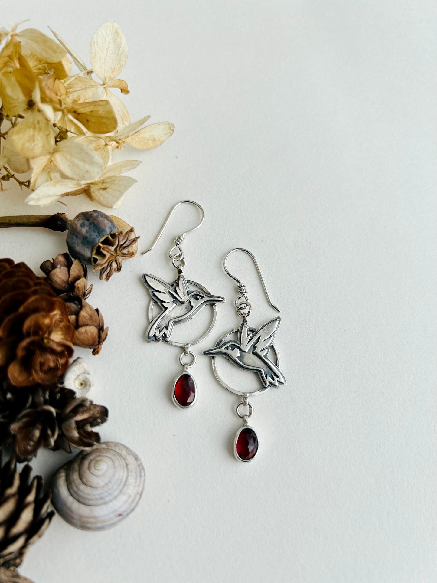 Hummingbird Earrings with Garnets