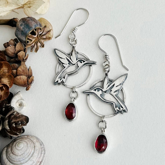 Hummingbird Earrings with Garnets