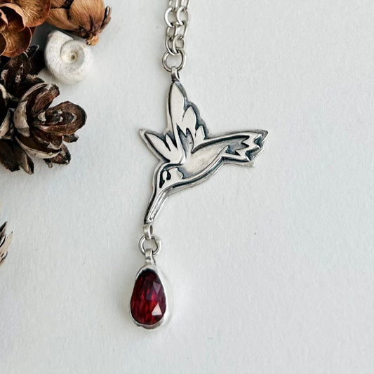 Hummingbird Necklace with Garnet