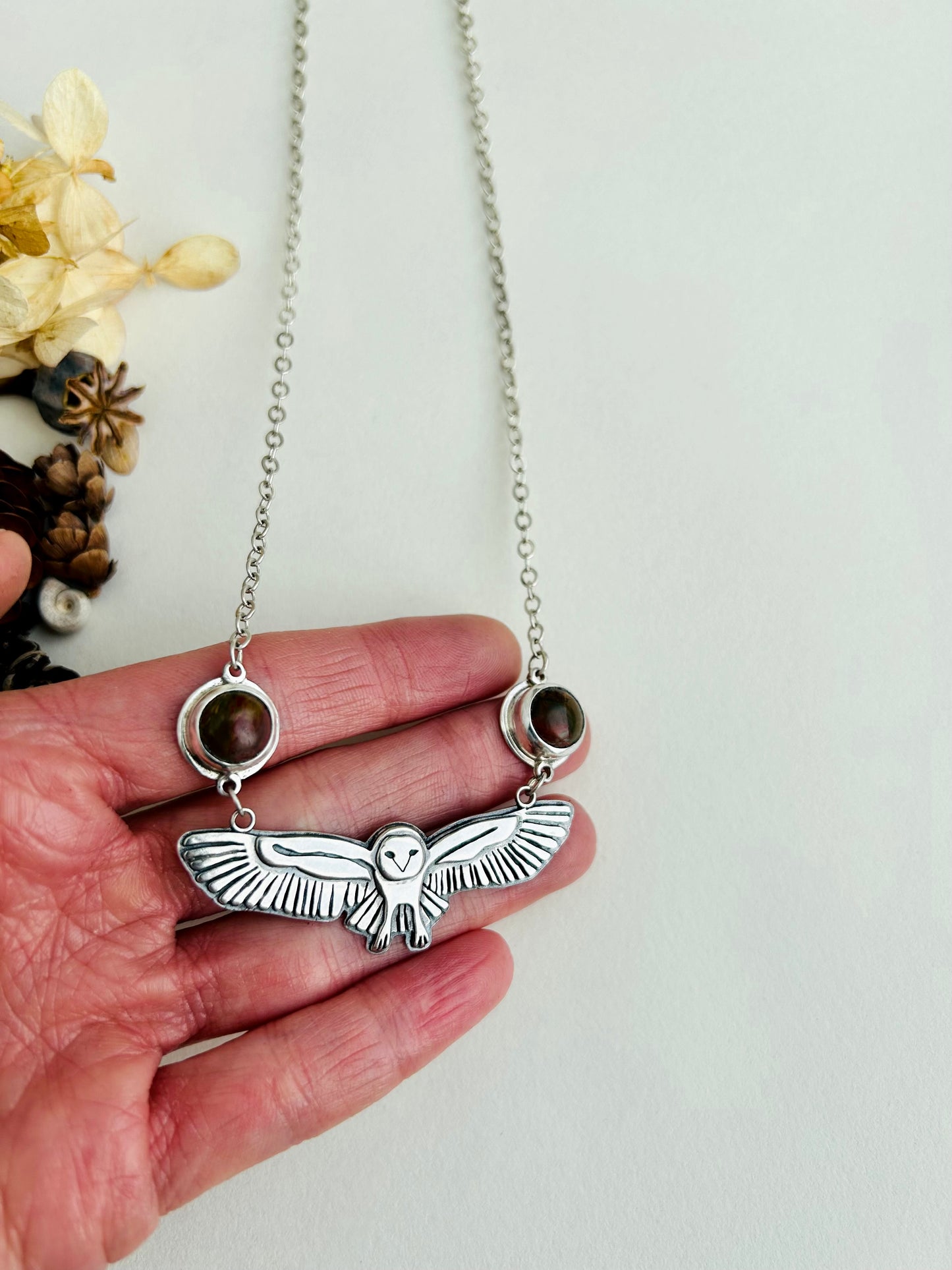 Owl Necklace with Picasso Jasper