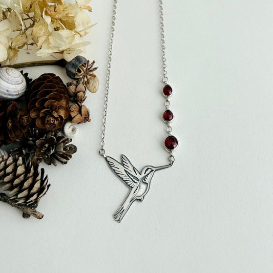 Hummingbird Necklace with Garnets
